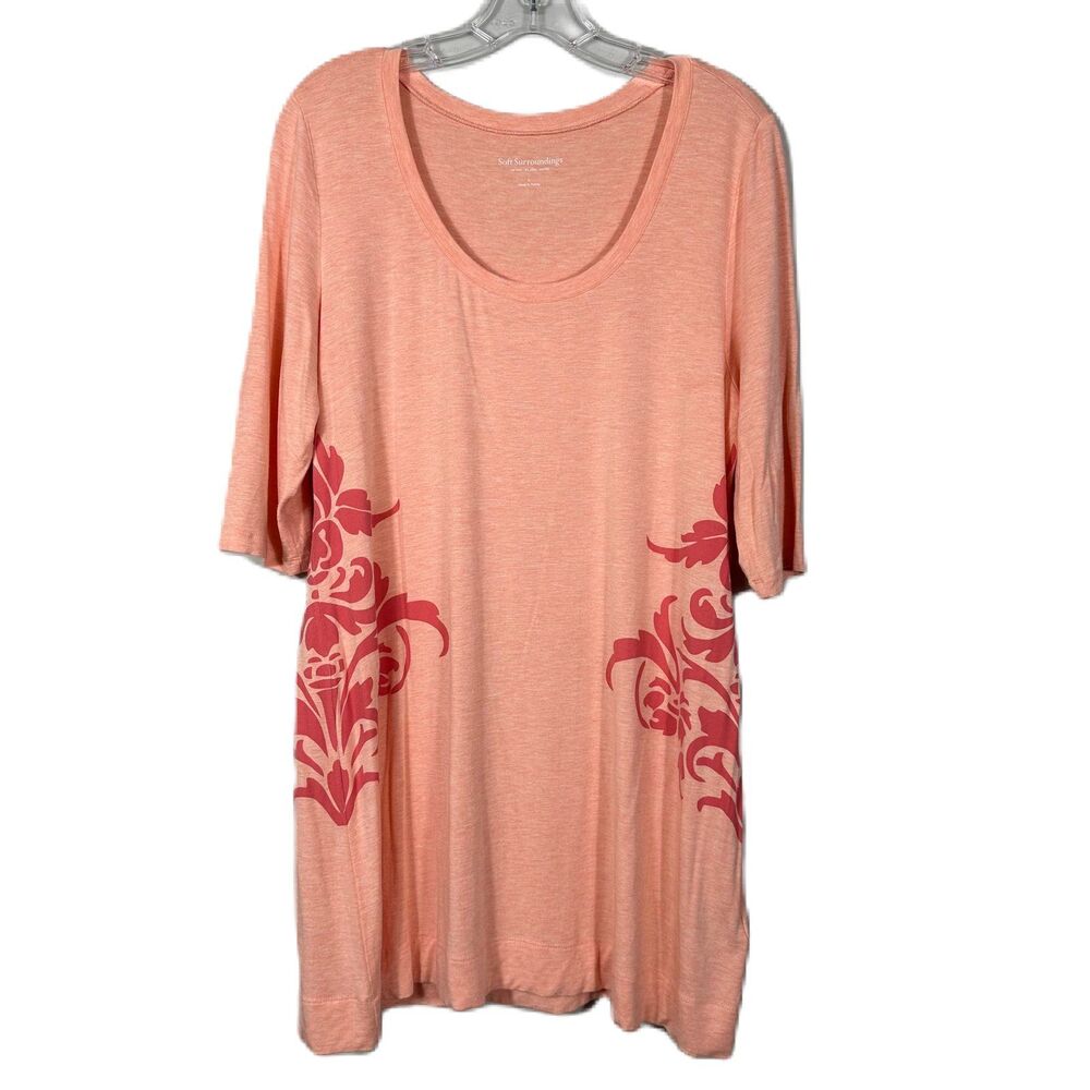 Soft Surroundings Jersey Tunic Top Womens Large Tropical Peach Floral Scoop Neck - Picture 4 of 13